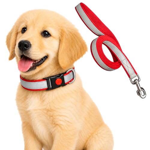 Image of Reflective Dog Collar & Leash, Quick Release Buckle, Adjustable Size | for 24-35 Kilograms Dogs (L, RED)
