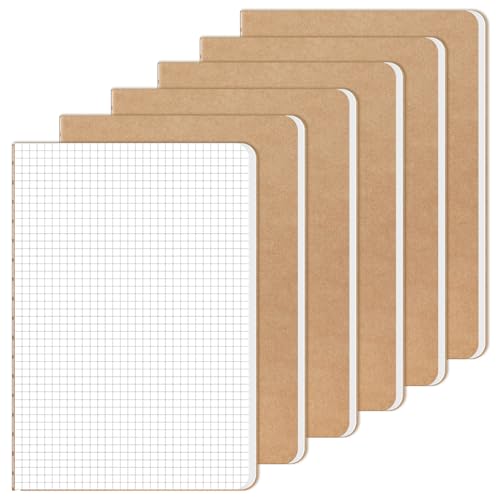 RITOLLO 6 Pack A5 Squared Notebook Kraft Paper Cover Grid Journals Premium Writing Pads for Drawing Planning Organising (6 PACK)