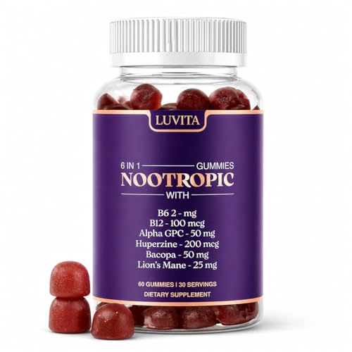 LUVITA Focus Gummies - Brain Supplements for Memory and Focus - 6-in-1 Nootropic Gummies with Lions Mane Alpha GPC Bacopa Vitamins - Mental Energy Chews for Clarity & Productivity - 60 B12 Gummies