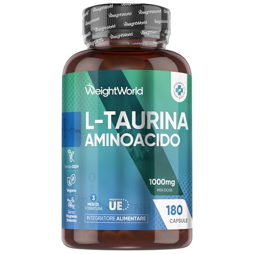 Taurina Integratore 1000mg per Dose, 180 Capsule con L Taurina Polvere Vegana (3 Mesi), Aminoacidi Essenziali, Pre Workout e Post Workout, Taurine Senza Magnesio Stearato né OGM, Prodotto in Europa