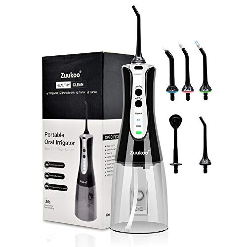Water Flosser Teeth Cleaner Oral Irrigator Dental Flosser with 320ml Tank, 4 Nozzle and 1 Tongue Cleaner, 3 Cleaning Modes, USB Rechargeable, IPX7 Waterproof for Travel Daily Use, Black