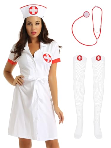 Yruioon Damen Krankenschwester Kostüm Ärztin Kleid Doktor Arzt Uniform Minikleid mit Stethoskop Haube Strümpfe Halloween Karneval Fasching Kostüm...