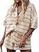 Acrawnni 2-teiliges Häkelstrick-Shorts-Set für Damen, hohl, gestreift, Kontrastfarbe, Knöpfe, Oberteile, Shorts, Strand-Lounge-Sets, A-Kaki, 38