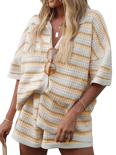 Acrawnni 2-teiliges Häkelstrick-Shorts-Set für Damen hohl gestreift Kontrastfarbe Knöpfe Oberteile Shorts Strand-Lounge-Sets A-Kaki 38