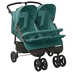 Mogou Geschwisterwagen, Zwillingskinderwagen, Doppelkinderwagen, Geschwisterbuggy, Double Stroller, Grün Stahl, Holzfarbe
