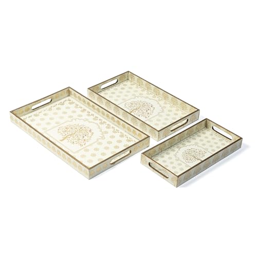 Image of Waterproof Serving Tray Set of 3 (16x10,14x8,12x6 Inch) | MDF Wooden Tea & Snack Trays with Handles | Decorative Multipurpose Breakfast & Coffee Table Trays for Kitchen & Home(Setof3WP-TreeofLife)