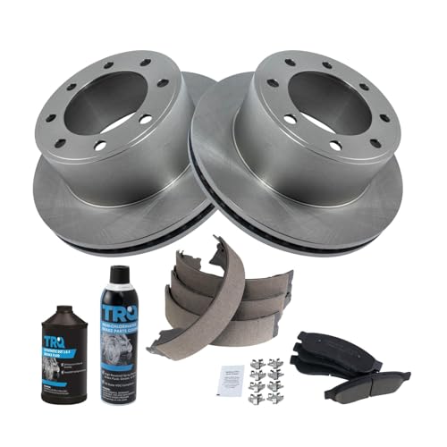 Image of TRQ Rear Brake Pad & Rotor Kit, with Chemical Kit Parking Brake Shoe Set Ceramic Compatible with 2011-2012 Ford F-250 Super Duty F-350 Super Duty
