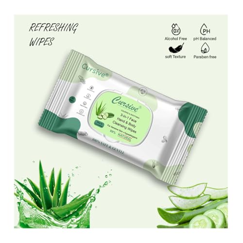 Image of Cursive Face, Hand & Body Daily Cleansing Makeup Remover Wipes|Wet Wipes for Women & Men | Paraben & Alcohol Free Cucumber Aloe Vera - Calming & Soothing, 99% Natural, Hypoallergenic,Gentle for Sensitive Skin 25 Wipes Per Pieces (Pack Of 2)
