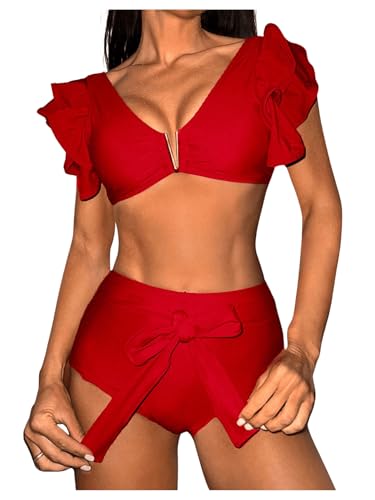 Maillot de bain col en V rouge en tissu premium avec finitions volants élégantes