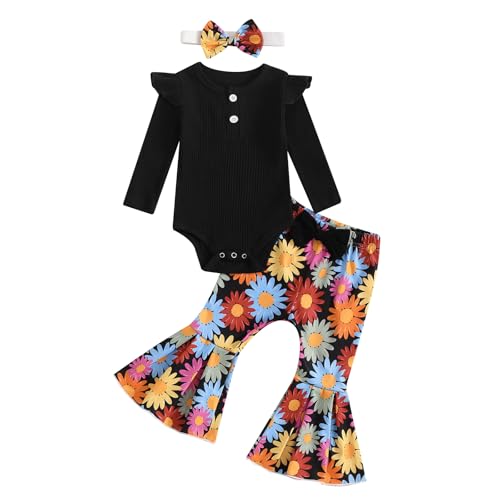 Image of fhutpw Newborn Baby Girl Clothes Rib Frill Long Sleeve Romper Daisy Flared Pants Headband Set 3pcs Fall Winter Outfits