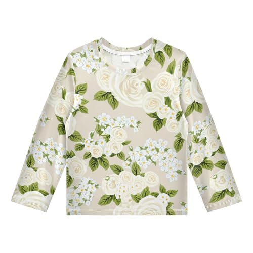 Spirea Blossom Beige Boy's Rash Guard Swim Shirt Long Sleeve Sun Shirt for Kids Toddlers UPF50+ 4T