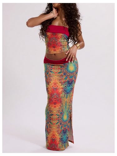 GORGLITTER Women's Boho Graphic Bodycon Maxi Skirt High Waist Side Slit Low Rise Pencil Long Skirts4