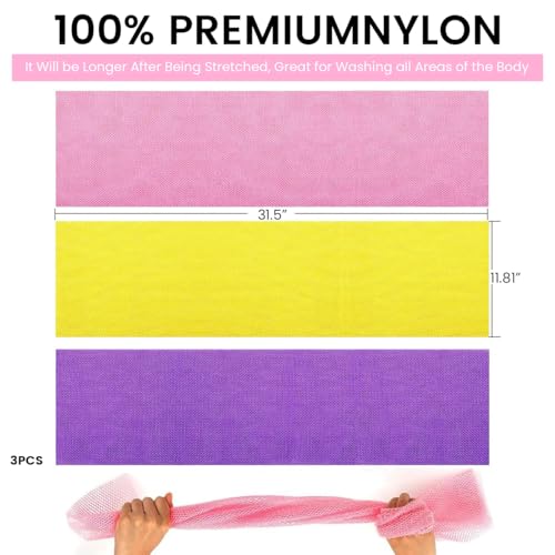 Image of MAYCREATE 3Pcs Reusable Mesh Bathing Net, Soft Exfoliating Shower Net for Body Cleansing and Gentle Exfoliation Skin Care, 30x80cm
