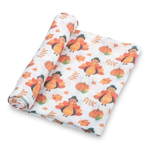 Image of LollyBanks Muslin Swaddle Blankets, 100% Cotton Baby Blanket 47 x 47 Inches, Large Baby Swaddles, Neutral Muslin Blankets for Boys and Girls, Thanksgiving Day Newborn Essentials (Turkey Print)