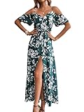 SweatyRocks Women's Floral Print Short Sleeve Cold Shoulder Dress Asymmetrical High Low Ruffle Midi Dresses Green Large