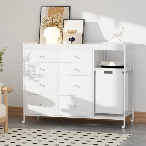 Image of 47.2 inch Nursery Dresser with 8 Drawers and Changing Table Top Baby Changing Station Dresser with 1 Open Shelf and 1 Laundry Hamper Diaper Changing Station Mobile Nursery Organizer,White