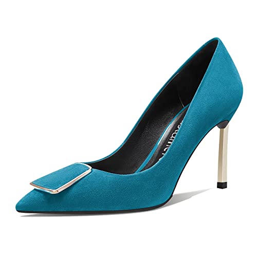 Castamere Mujer Aguja Alto High Heel Cerrado el Dedo del pie Puntiaguada Punta Pumps Slip-on Fiesta Oficina Dress Cute Clásico Zapatos 8.5 CM Heels Azul A 36 EU