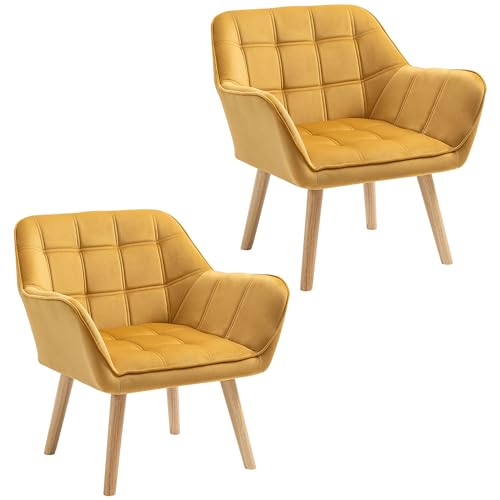 HOMCOM Modern Armchair, Accent Chair with Wide Arms, Slanted Back and Rubber Wood Legs for Living Room, Bedroom, Home Office, Set of 2, Yellow