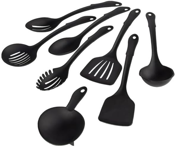 Juego de utensilios de cocina de nailon de 8 piezas con anillo conector, plástico negro, apto para lavavajillas