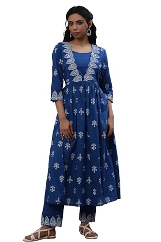 Image of W for Woman W Women Blue Geometric Print Cotton Kurta & Straight Pant