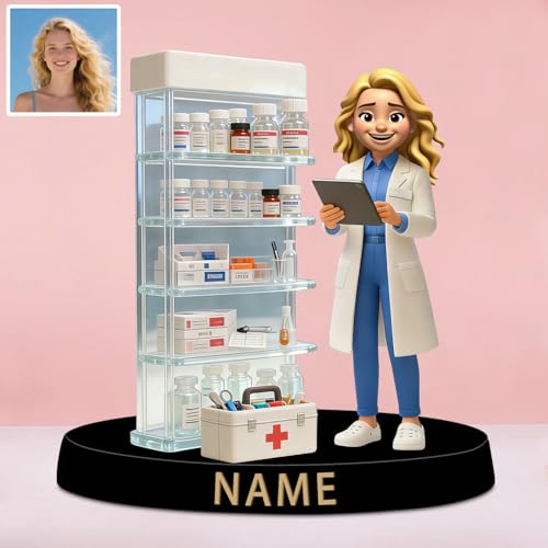 Custom 2D Flat Print Doctor Photo Figurine with Medical Shelf & Wooden Base Personalized Name Plate Desktop Decor, Gifts for Clinic & Home Office Doctors Nurses,Medical Professionals, Graduation
