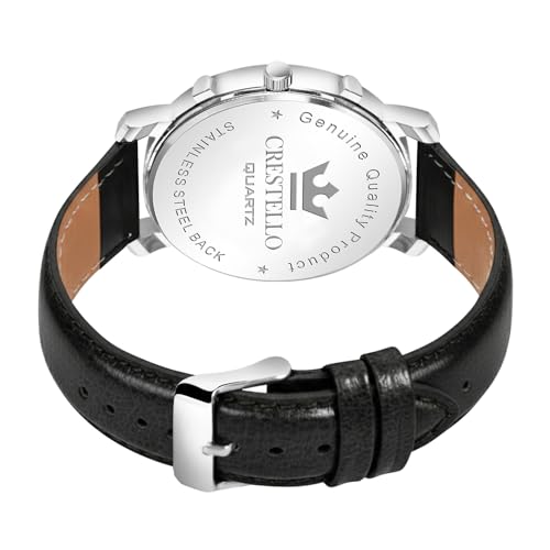 Image of CRESTELLO Brown /Green /Black Leather Strap Analog Wrist Watch with Day-Date Display for Men (Silver /Green /Brown /Black Dial) | CR-WT210