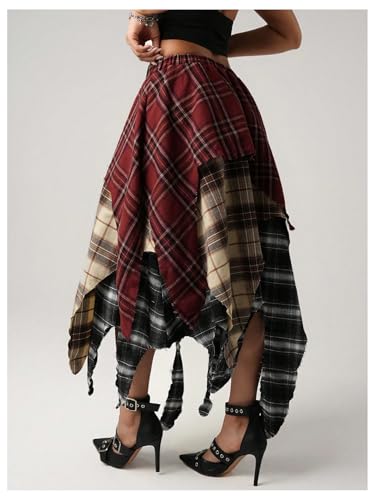 OYOANGLE Women's Plaid Asymmetrical Skirts Y2K Color Block Low Waist Layered Ruffle Long Skirt Concert Outfits3