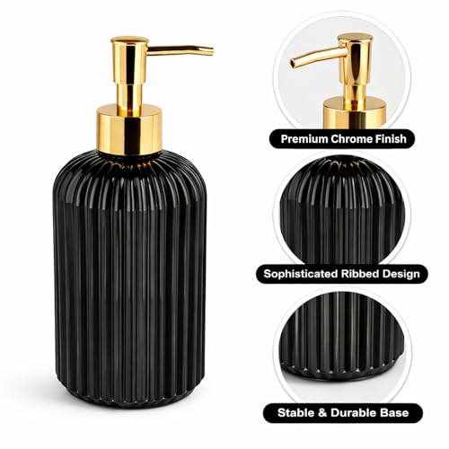 Image of Luxe Home International Vertical Ribber Pattern Glass Soap Dispenser for Bathroom and Kitchen Sink Leak Proof Liquid Hand Wash Round Bottle Lightweight Smooth Finish (19.5x7.5 cm Black) Pack of 1