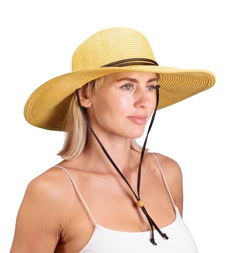 Sloggers Women's Wide Brim Braided Sun Hat with Wind Lanyard - UPF 50+ Maximum Sun Protection