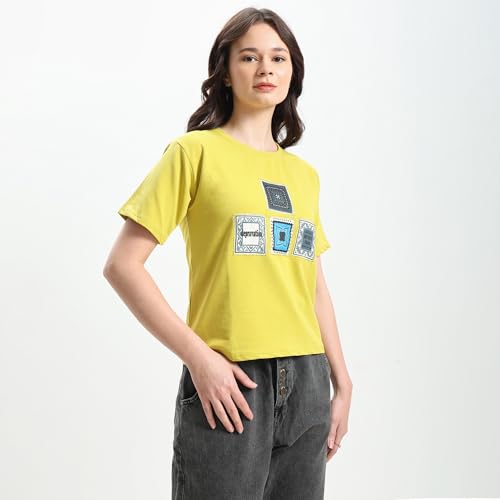 Image of Women Printed T Shirt Cotton Blend Yellow | Graphic Printed T Shirt for Women | Casual Wear Regular Fit Round Neck Half Sleeve Top for Girls