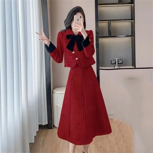 Women's Tweed Wool Winter Thickened Warm Bow-Knot Jacket And Party Maxi Skirt Set2
