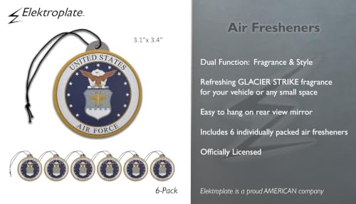 Image of Elektroplate US Air Force Crest Car Air Freshener 6-Pack | Officially Licensed, Long-Lasting Glacial Strike Scent, Vivid USAF Graphics, Versatile Hanging Design