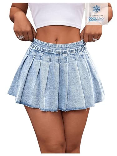 MakeMeChic Women's Pleated Denim Skirt Low Waist Raw Hem A Line Zipper Mini Jean Skirt Light Wash Blue Large
