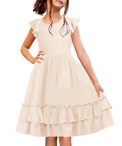 HOSIKA Girls Lace Flower Boho Ruffle Sleeve A-Line Tiered Summer Dress for Wedding Party with Pockets