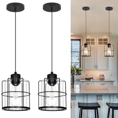 Industrial Black Pendant Lights Kitchen Island, Glass Bathroom Pendant Light Set of 2, Modern Kitchen Pendant Lighting over Island with Adjustable Cord, Farmhouse Hanging Light for Dining Room Hallway