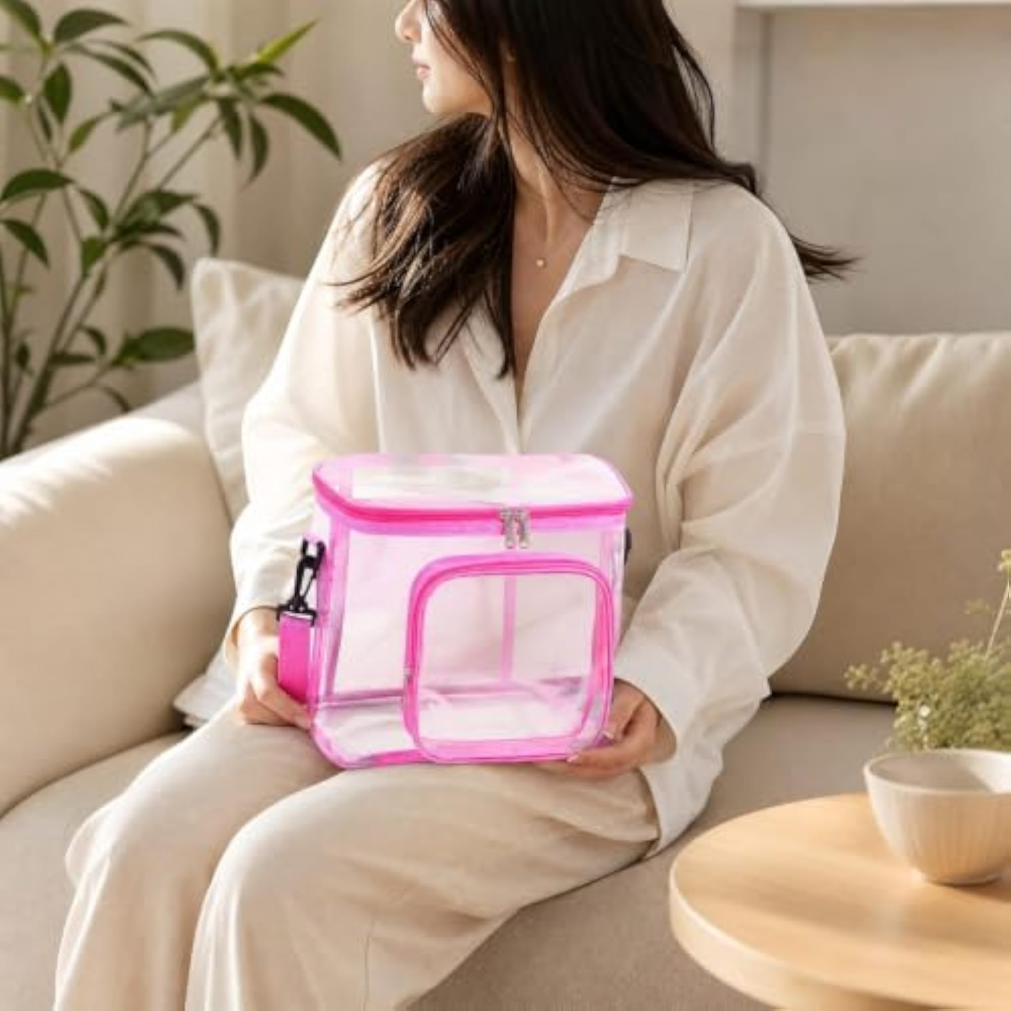 Water-Resistant Clear PVC Shoulder Bag, Multi-Compartment