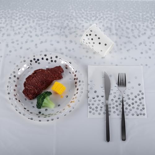 50 Pack 9 Inch (23cm) Paper Plates - White & Silver Polka Dot Design for Wedding, Anniversaries, Christmas and Events, Silver Party Decorations - Image 6