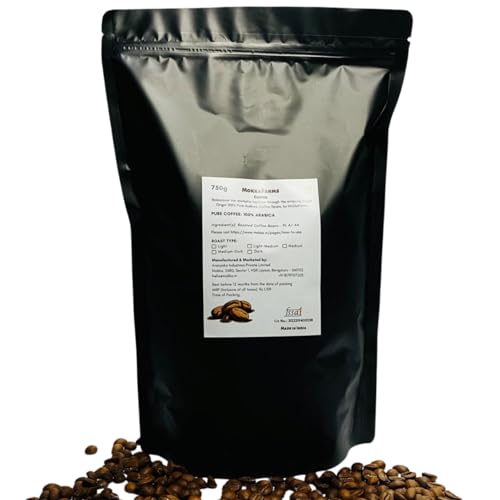 Image of MOKKAFARMS 100% Pure Arabica Roasted Coffee Beans 750 Gram | Dark Roast, Fresh Single Origin Coffee | Plantation A /Aa Bean | Rich Flavorful Aromatic | Farm To Fork | One Way Valve /Zip-Lock Bag
