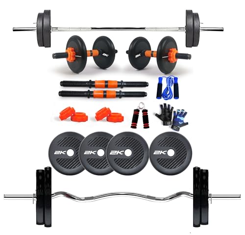 Image of WATSON Premium Home Gym Set for Men & Women, Home Gym Combo with Rubber Weight Plates, 25mm 3Ft Curl bar, 5Ft Straight Bar, Hard PVC Dumbbell Rods, Gripper, Skipping Rope & Gym Gloves (8 KG Combo)
