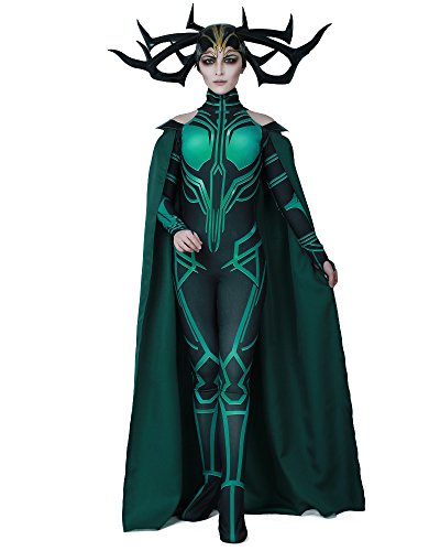 Apu New Costumes Tapped Out - Miccostumes Women's Hela Cosplay Costume Halloween Jumpsuit with Cape, Green,