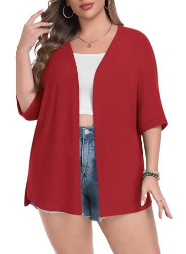 Image of Lastshe Womens Plus Size Cardigan Short Sleeve Lightweight Loose Cover Ups Open Front Sweaters Summer Cardigan