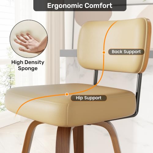 Image of Swivel Bar Stools Set of 2, 26 inch Upholstered Faux Leather Counter Height Barstools with Walnut Back & Bentwood Legs, Mid Century Modern Bar Chairs Island Stools for Kitchen Counter, Khaki