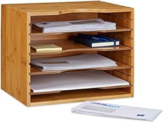 Relaxdays Bamboo Holder, Size: 26.5 x 33.5 x 24.5 cm Storage System Desk Organizer Document Sorter with 4 Shelves Paper Organiser Made of Wood for Letters and Files, Natural Brown, 24.5x33.5x26.5 cm