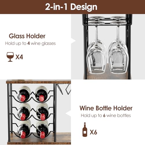Nuovoware-Wine-Racks-Countertop-Wine-Bottle-Holder-for-6-Bottles-4-Glasses-Holder-Metal-Wine-Storage-Organizer-for-Kitchen-Bar-Table-Cabinet-Wine-Cellar-Wooden - Izzgadgets.com