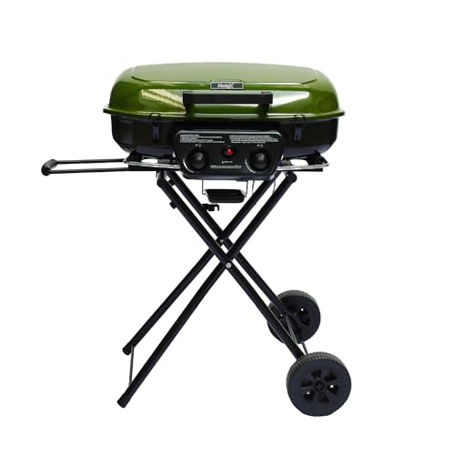 Flintex 2-Burner Portable Propane Gas Grill, Foldable 2-in-1 Camping Propane Grill with Porcelain-Enameled Griddle & Grill Grate for Outdoor Camping Picnics Backyard Cooking, Green