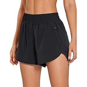 CRZ YOGA Women’s High Waisted Running Shorts Mesh Liner – 3” Dolphin Quick Dry Athletic Gym Track Workout Shorts Zip Pocket