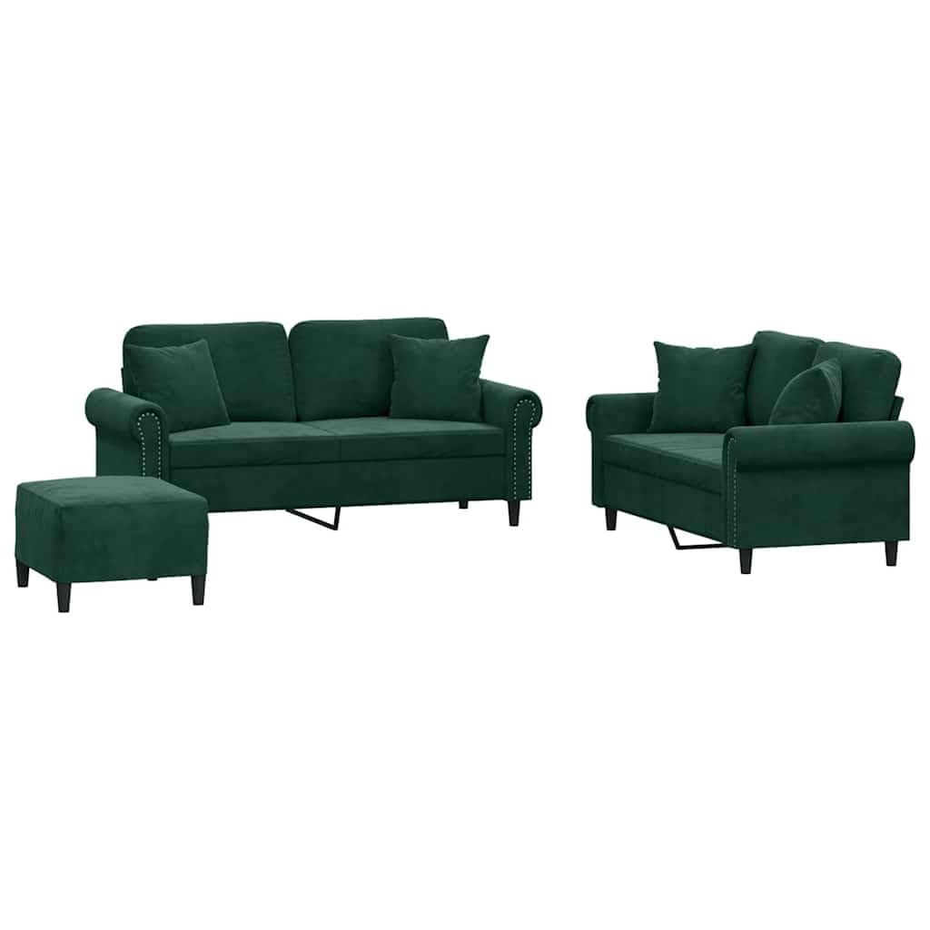 Juego de sofá de 3 piezas, terciopelo verde oscuro, 152/172 cm, sofás de 2 plazas con reposapiés, muebles robustos de salón, cómodo sofá para el hogar