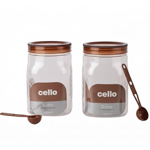Image of Cello Retro Kitchen Storage Jars Set of 2, (2 x 1500 ml) | Premium Food Grade Quality, BPA Free, Air Tight Clip Lock, Stackable Container | Multipurpose Plastic Storage Container For Home Kitchen Gift