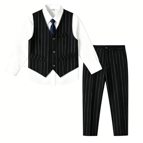 Image of Baby Boy Formal Suit for Toddler Infant Tuxedo Dress Suits | Little Gentleman, Wedding Ring Bearer Outfit, Vest Pants Long-Sleeve Shirt Tie, Birthday Party Christmas Prom, Classic
