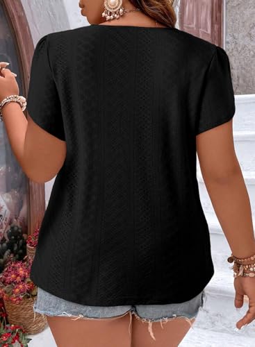 Eytino Womens Plus Size Tops Lace V Neck Petal Short Sleeve Blouse Eyelet Hollow Dressy Casual T Shirts(1X-5X)2